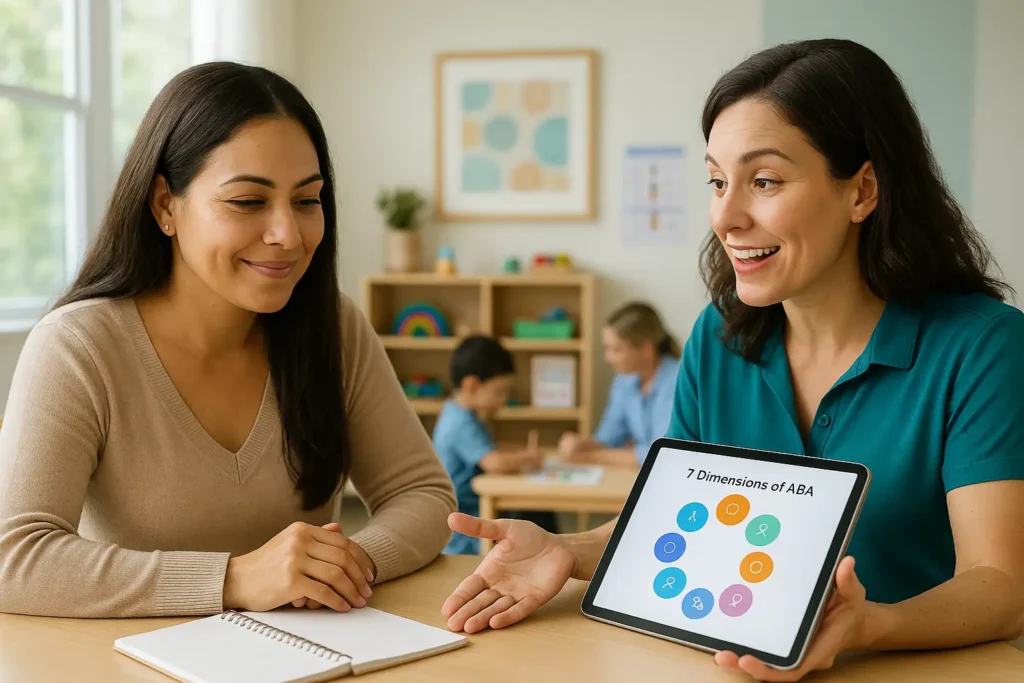 ABA therapist showing a tablet with a “7 Dimensions of ABA” graphic to a smiling parent during a consultation, with children playing in the background of the therapy room.