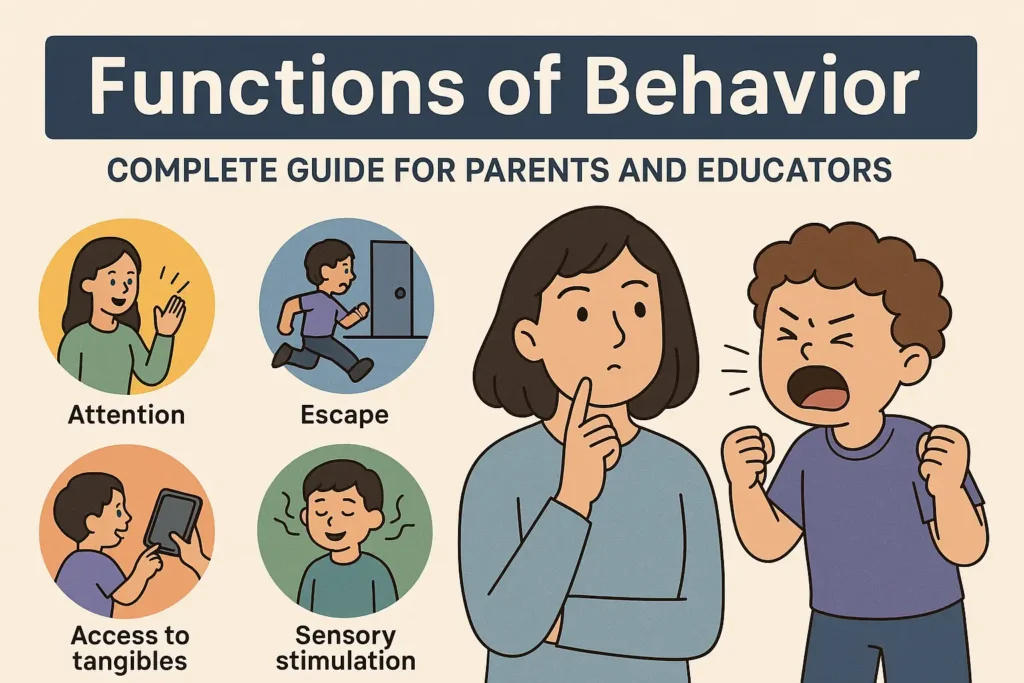 Flat educational illustration showing a caregiver thinking while a child yells beside her, with four colorful icons labeled Attention, Escape, Access to tangibles and Sensory stimulation, visually explaining the four functions of behavior in ABA for parents and educators.