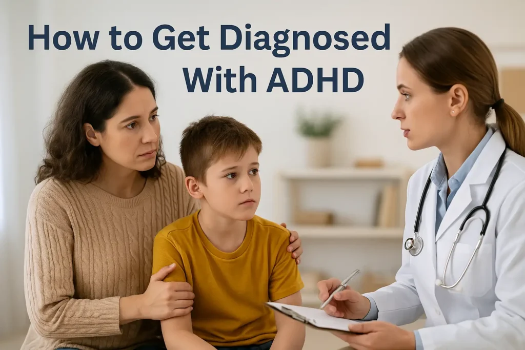 Mother sitting with her son, both looking concerned, while a doctor with a stethoscope talks to them and takes notes, with the text “How to Get Diagnosed With ADHD” above them.