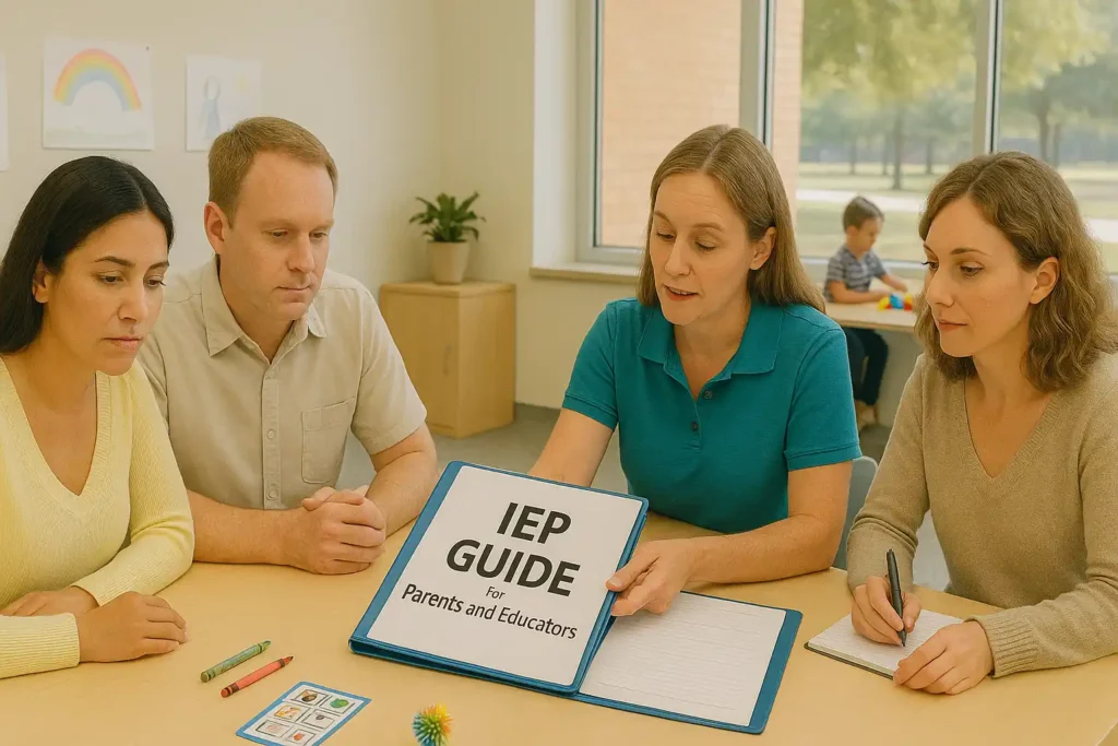 School psychologist meeting with three parents around a table, showing an “IEP Guide for Parents and Educators” binder during an IEP planning meeting, with a child working in the background.