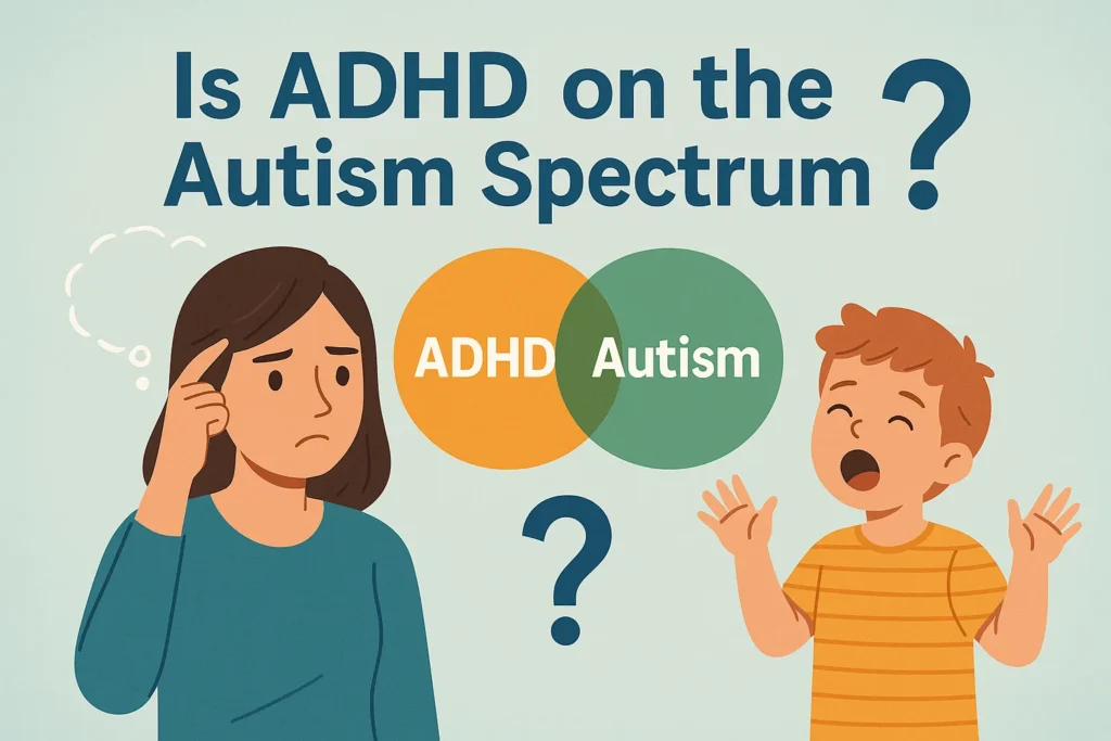 Illustration showing a worried parent and an expressive child next to a Venn diagram labeled “ADHD” and “Autism,” under the headline “Is ADHD on the Autism Spectrum?