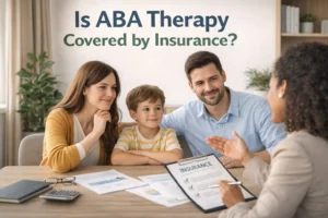 Is ABA Therapy Covered by Insurance? A realistic image showing a family meeting with an insurance representative to review coverage options for ABA therapy, with documents and an insurance checklist on the table, representing common questions families have about insurance coverage for autism services.