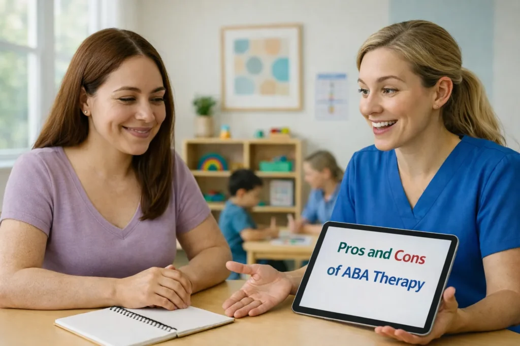 Pros and Cons of ABA Therapy explained during a consultation, showing a licensed ABA therapist in blue medical scrubs presenting an iPad with educational content to a parent in a therapy setting, highlighting informed decision-making for families of children on the autism spectrum.