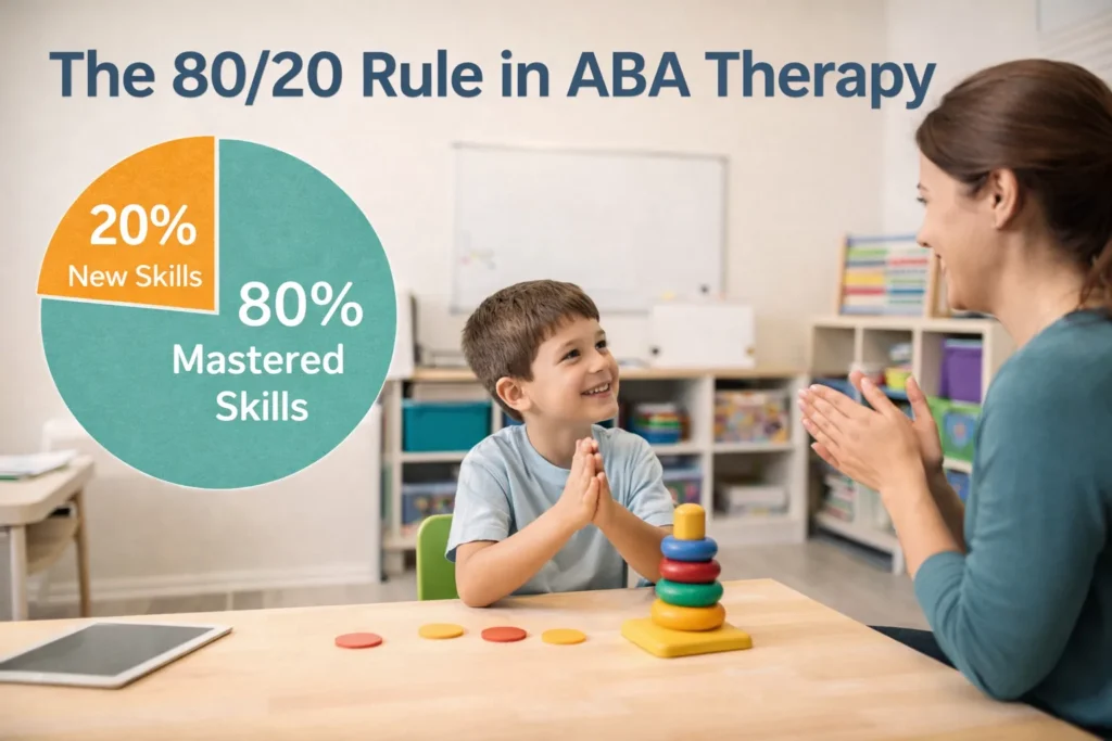 The 80/20 rule in ABA therapy illustrated with a realistic photo of a smiling young boy working with his ABA therapist at a table, clapping after a successful task, while a large pie chart in the background highlights 80% mastered skills and 20% new skills to show the balance of easy and challenging work in sessions.