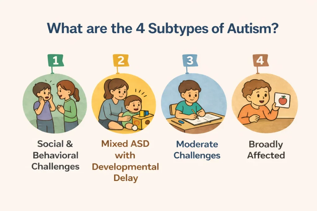 What are the 4 Subtypes of Autism? infographic with a simple flat background and four circular cartoon icons in a row, each labeled Social & Behavioral Challenges, Mixed ASD with Developmental Delay, Moderate Challenges and Broadly Affected, showing children in everyday situations to visually represent each autism subtype.