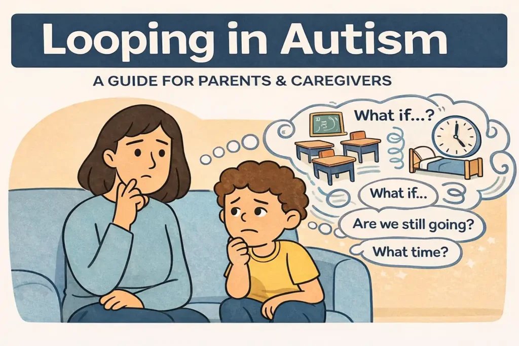 Looping in Autism illustration showing a worried parent and autistic child on a couch, with a thought bubble repeating “What if…?”, school desks, a bed and a clock to represent anxiety and question looping.