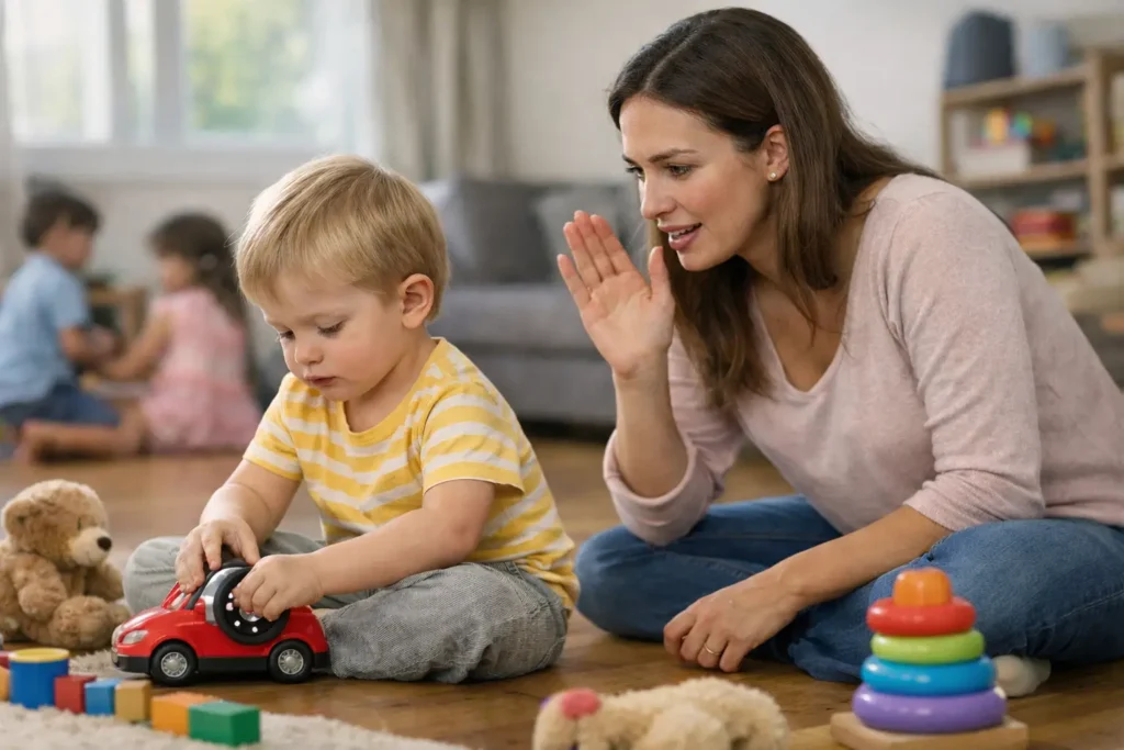 Young mother sitting on the living room floor watching her two-year-old son intensely focus on the wheel of a red toy car while he does not look up when she calls him, illustrating early signs of autism in 2-year-olds and the quiet concern of parents observing communication and social differences