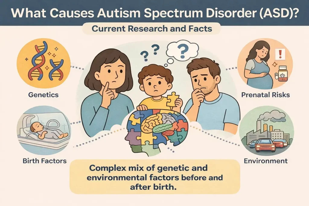 Illustrated horizontal infographic titled “What Causes Autism Spectrum Disorder (ASD)? – Current Research and Facts,” showing a worried mother, father and child in the center with a puzzle-brain, surrounded by icons labeled Genetics, Birth Factors, Prenatal Risks and Environment, plus a note that autism comes from a complex mix of genetic and environmental factors before and after birth.