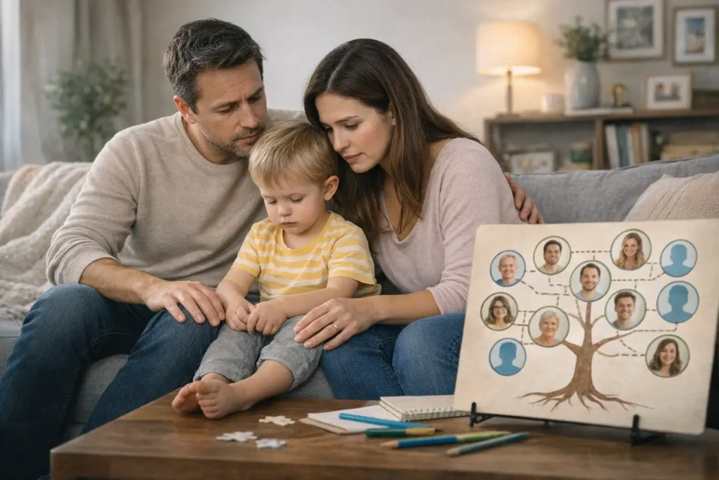 Worried parents sit on a sofa with their toddler between them, gently holding his hands while he focuses on his fingers, with a family tree diagram on the coffee table in front of them, visually representing questions about Is Autism Hereditary and genetic risk in families