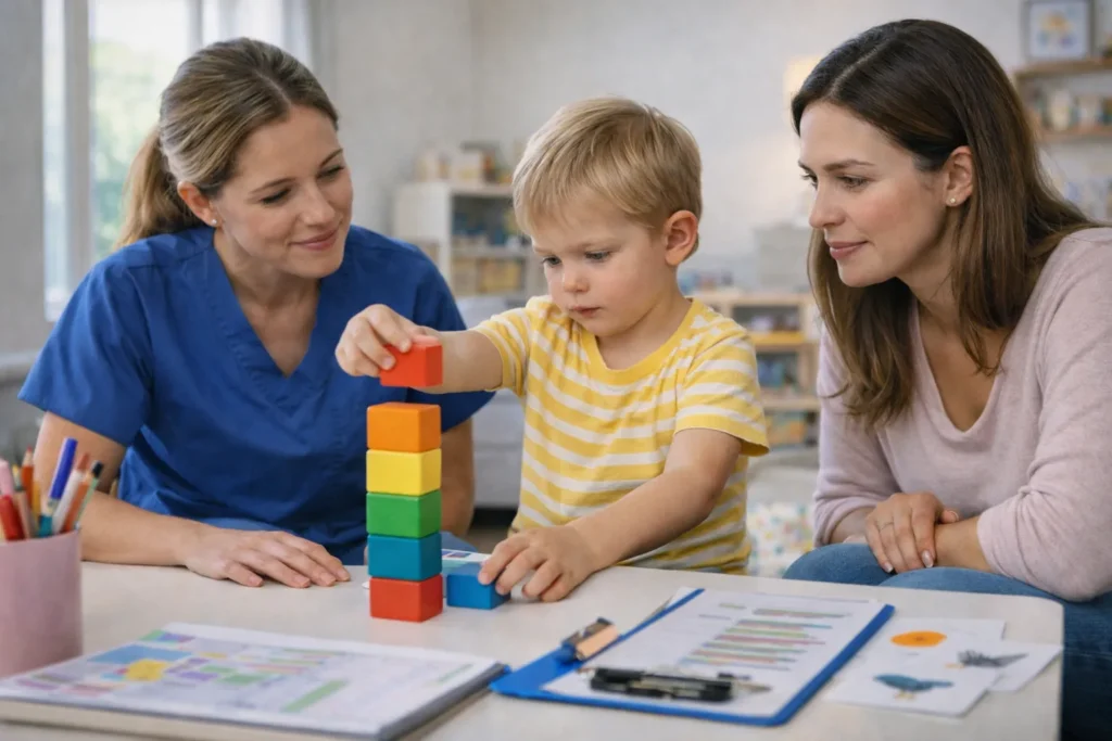 Young boy in an ABA therapy session stacking colorful blocks at a table while his therapist and mother watch supportively, with progress charts and flashcards in front of them, illustrating how ABA therapy works over time and what families can expect from gradual progress.