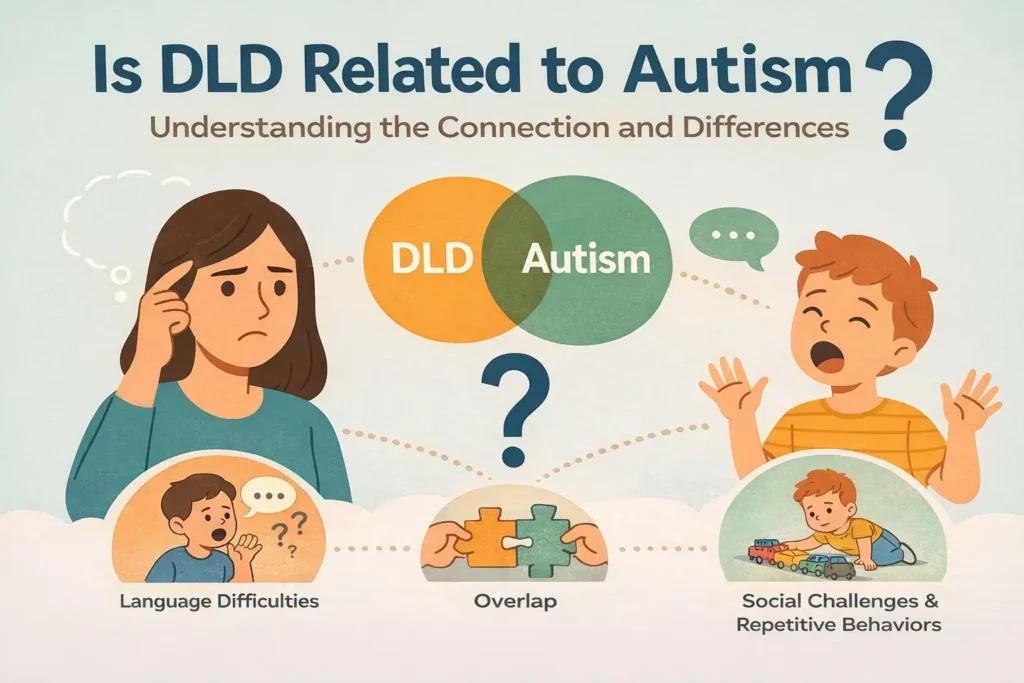 Illustrated horizontal banner titled “Is DLD Related to Autism? Understanding the Connection and Differences,” showing a worried mother on the left, a Venn diagram labeled DLD and Autism in the center, and a talking child on the right, with small scenes underneath highlighting language difficulties, overlap with puzzle pieces, and social challenges with repetitive play.