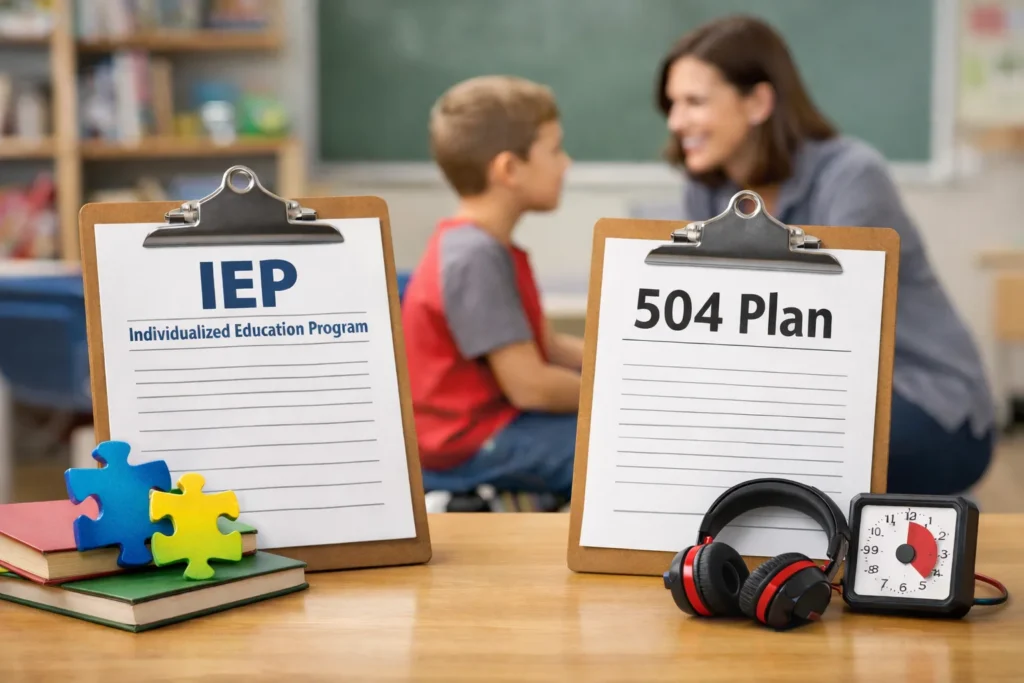 Horizontal photo in a classroom showing two clipboards on a desk, one labeled “IEP Individualized Education Program” beside colorful books and puzzle pieces, and another labeled “504 Plan” next to headphones and a visual timer, with a teacher talking to a child blurred in the background to illustrate school support options