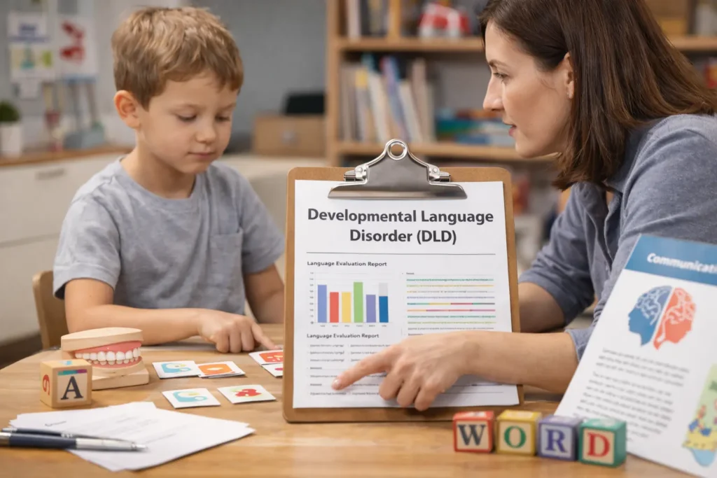 Horizontal photo of a speech-language therapist working with a young boy at a table, using colorful picture cards, letter blocks and a clipboard labeled “Developmental Language Disorder (DLD) Language Evaluation Report,” illustrating supportive assessment and therapy for children with DLD.