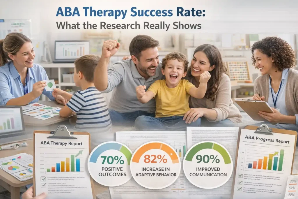 orizontal photo collage showing ABA therapists working with children and a happy family celebrating progress, with charts and reports illustrating positive ABA therapy outcomes in communication, adaptive behavior and daily living skills