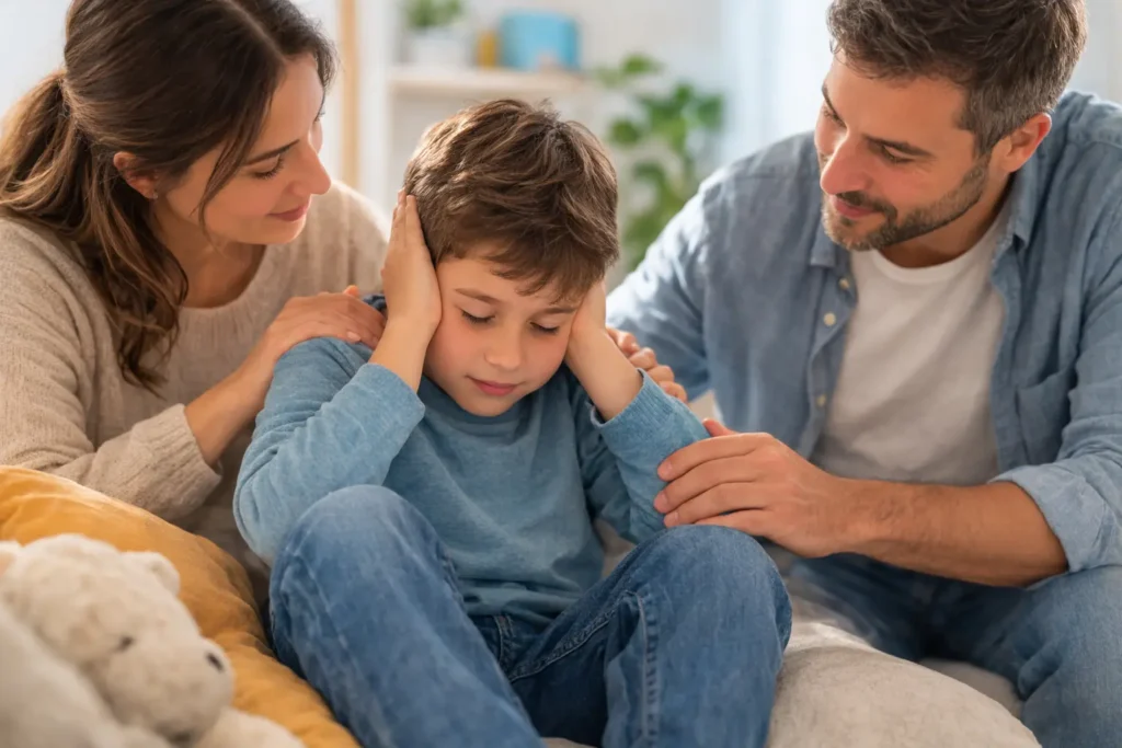 A young boy who belongs to the autism spectrum sits on a sofa with his hands gently over his ears, looking overwhelmed, while his parents sit close on either side, calmly comforting him in a softly lit living room