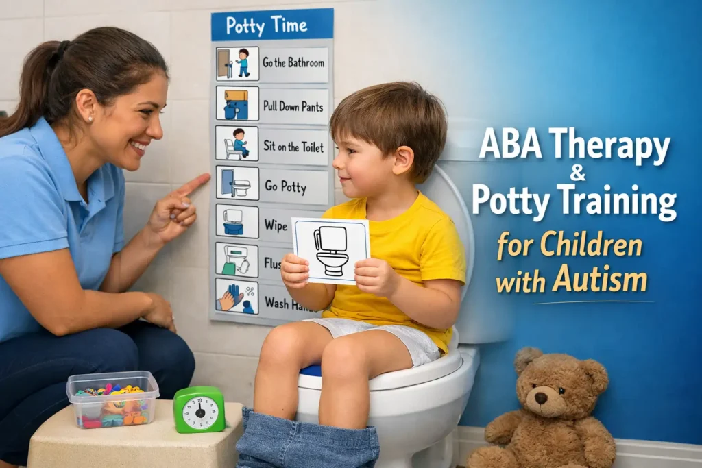 ABA therapist using visual schedule to guide potty training with a child on the autism spectrum