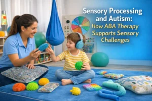 ABA therapist using tactile tools to support sensory processing in a child on the autism spectrum