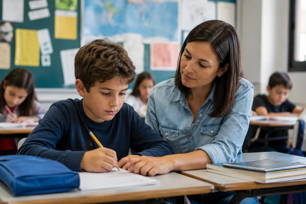 Teacher guiding student in class