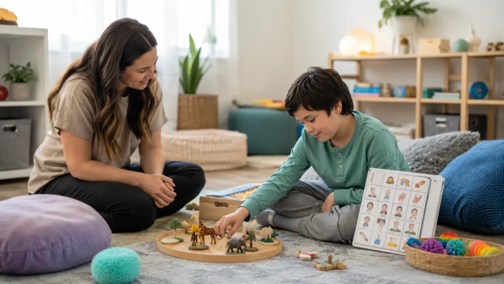 Cozy therapy playroom with engaging toys